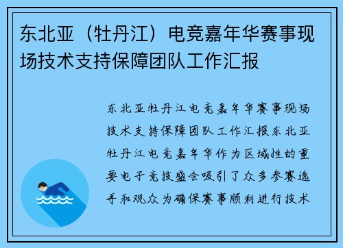 东北亚（牡丹江）电竞嘉年华赛事现场技术支持保障团队工作汇报