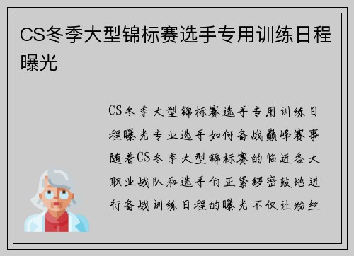 CS冬季大型锦标赛选手专用训练日程曝光