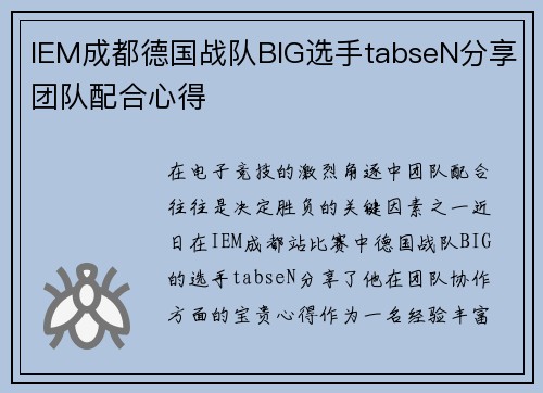 IEM成都德国战队BIG选手tabseN分享团队配合心得